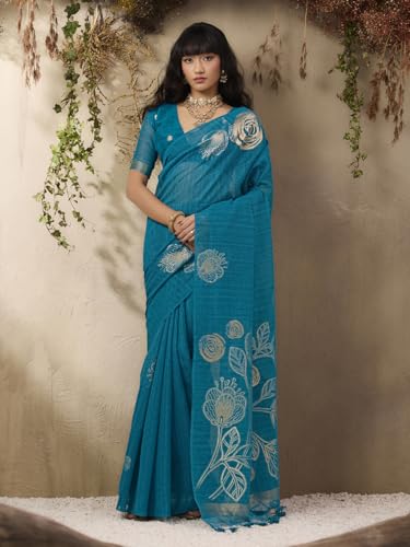 Image of AKHILAM Women's Kanjivaram Pure Silk Floral Printed Saree With Unstitched Blouse Piece
