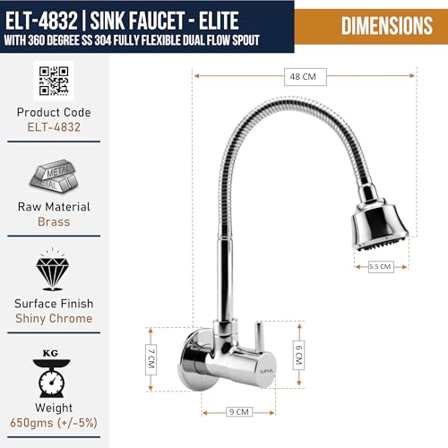 Image of KAMAL Sink Spray Tab - Elite | 360 Degree Flexible Wall Mounted Kitchen Faucet | Dual Flow SS304 Grade 50cm Extendable Spout & Brass Body Faucet | Aerator & Shower Spray Bib (Wall Mount Installation)