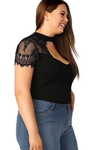 Romwe Women's Plus Size Chocker Lace Short Sleeve Deep Sweetheart Neck Slim Skinny Blouse Tops Shirt Black 1Xl #TOP3
