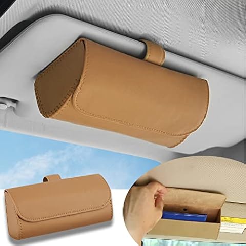 Dualshine Universal Car Sunglass Holder Sunglass Case, Visor Sunglasses Car Holder Auto Glasses Holder Leather Clip on Sunglasses Case, Sunglass Holder for Car Visor to All Car Models (Beige) Cover