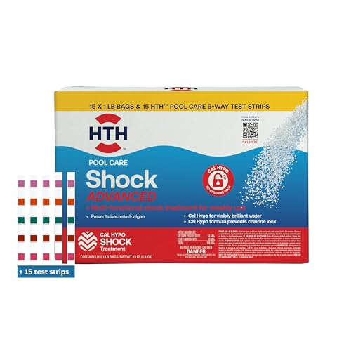 HTH 52046 Pool Care Shock Advanced, Swimming Pool Chemical - Cal Hypo Formula, Prevents Bacteria & Algae, Restores Crystal Clear Water - Shock Treatment, 1lb (15 Pack) + 15 HTH Pool Care Test Strips