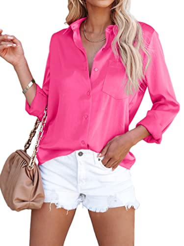 Avanova Damen Langarm Satin Bluse Top V Ausschnitt Button Down Arbeitshemd mit Tasche, hot pink, Klein Cover