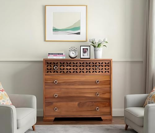 Image of Amazon Brand - Solimo Solid Sheesham Wood Kundal Sideboard Cabinet with 4 Spacious Drawers - Multipurpose Handcrafted Wooden Chest of Drawers for Living Room, Bedroom, Hallway Storage (Honey Finish)