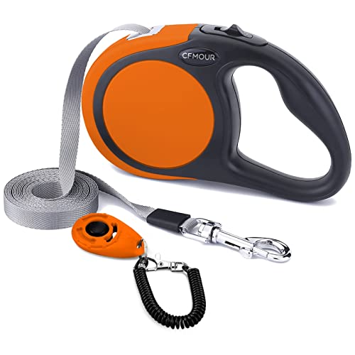 CFMOUR Retractable Dog Lead, 5m/50kg Orange Heavy-Duty Extendable Dog Leads for Medium to Large Dogs; Strong Nylon Tape Ribbon Leash, One-Button Brake&Lock, Bonus Training Clicker option