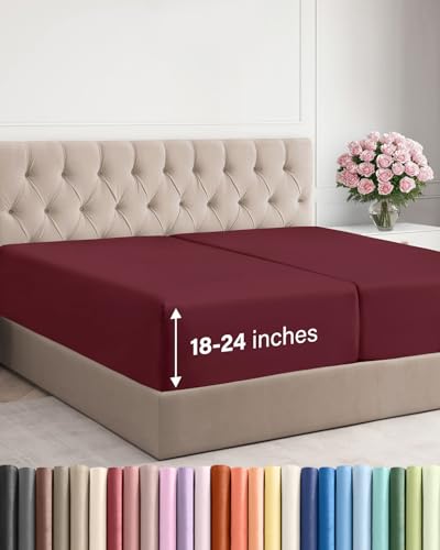 Image of Extra Deep Split King Fitted Sheet - Single Fitted Sheet Only - Burgundy | Easily Fits 18 inch to 24 inch Mattress, Soft, Wrinkle Free, Breathable & Comfy, Extra Deep Pockets Hotel Luxury Fitted Sheet