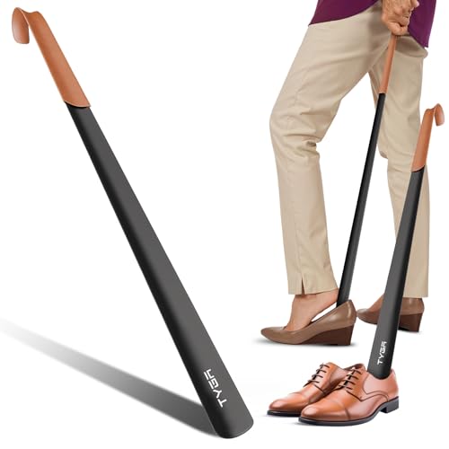 Calzador de metal largo TYGA de 58 cm con mango de cuero negro 7