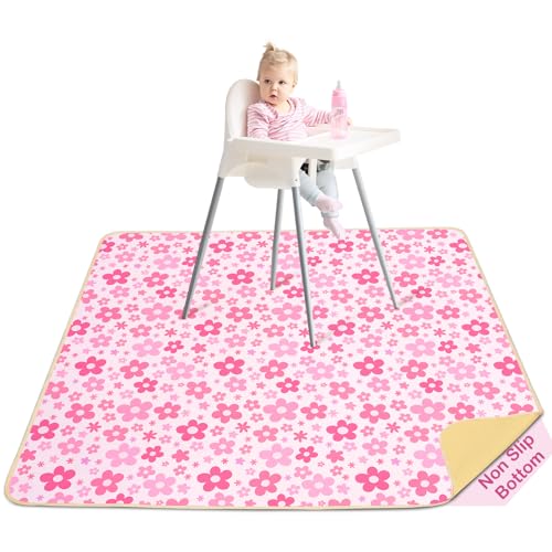 Image of Basumee Splat Mat High Chair Mat Waterproof Baby Play Splat Mat for Under High Chair Food Catcher Highchair Mat for Floor Non Slip Bottom, Pink Flowers, 46x42 Inches