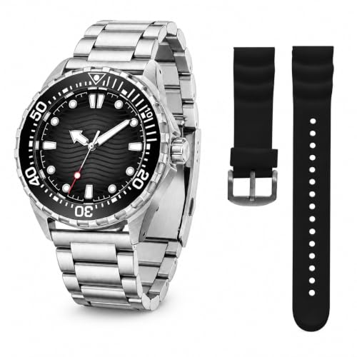 Image of NORTH EDGE Triton Solar Dive Watch Steel Black + 24mm Long Silicone Strap