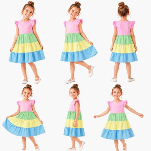 Image of HILEELANG Girls Cotton Tiered Dress Flutter Ruffle Sleeve Summer Swing Sundress Birthday Party Casual Outfit Colorblock 2-12Y