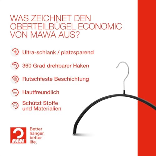 MAWA Kleiderbügel, Set mit 10 hochwertigen, platzsparenden, rutschfesten Kleiderbügeln, ideal für T-Shirts und Pullover, mit 360° drehbarem Haken und Rutschfester Beschichtung, 36 cm, Schwarz