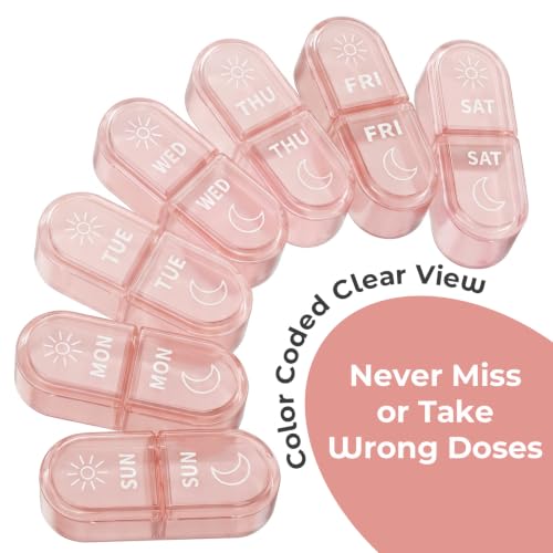 Image of Weekly AM PM Detachable Pill Organizer 2 Times a Day, Wear Resistant Large Print Medicine Pill Organizer for Arthritis, Seniors & Caregiver, Purse Travel Use - Pink