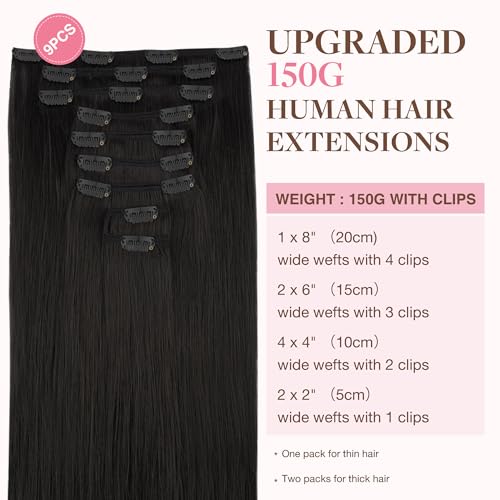 GOO GOO Clip in Hair Extensions Real Human Hair, Remy Human Hair Extensions Clip ins for Women, Natural Human Hair, 22inch 150g 9Pcs, 1B Natural black - Image 3