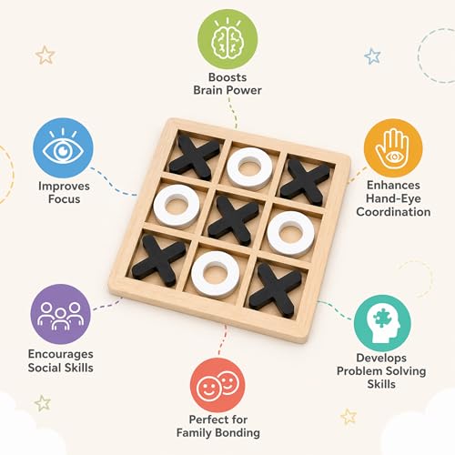 Image of Wudly Wooden Tic Tac Toe Game for Kids & Adults | Classic XOXO Strategy Board Game | Zero & Cross Brain Puzzle Travel Toy | Festival & Birthday Gift | 1 Piece | Random Color