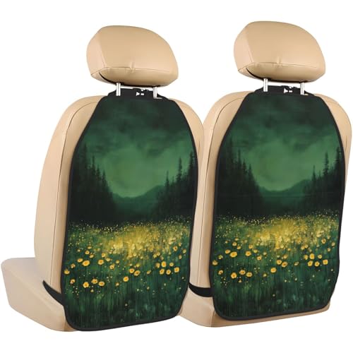 Dark Green Wildflower Field Vintage Car Seat Back Kick Protectors,2 Pack Kick Mats with Storage Pockets for Vehicles to Protect from Dirt Mud Scratches