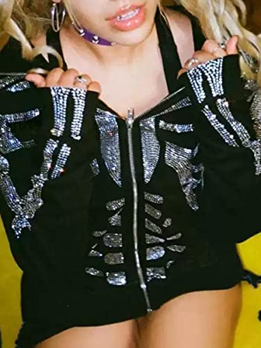 Women Long Sleeve Zip Up Hoodie Jacket Rhinestone Vintage Harajuku Casual Cardigan Sweatshirt Streetwear Casual Coat (Black Full Skeleton , L ) #TOP5