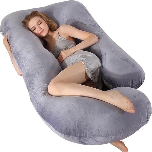 Image of Elover Pregnancy Pillow U-Shaped Full Body Maternity Support Pillow for Pregnant Women with Replaceable and Washable Cover Size 60 inch (Gray,Velvet)