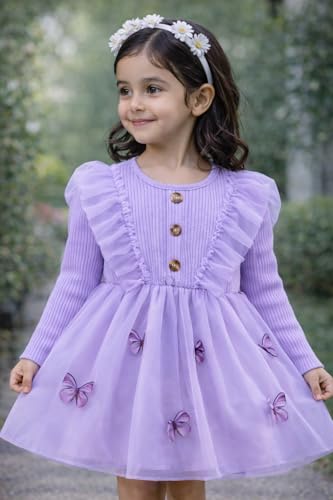 Image of Buy & Try by Dharmikaay Girl's Lycra Floral Printed Frock Dress for Girls Short Frock Baby Princess Western Dresses| Stylish Fancy Kids Clothing for Festival, Birthday, Fashion. Purple