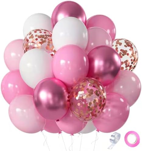 Pink White Rose Party Balloons, 60pcs 12 inch Pink White Rose Gol...