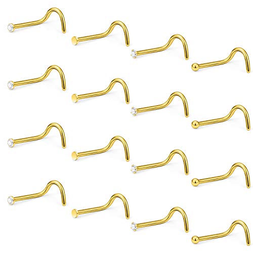 Hoeudjo 16Pcs Nose Rings 18G Nose Studs Surgical Steel 1.5MM Clear Crystal Nostril Ring Body Piercing Jewelry for Women Men