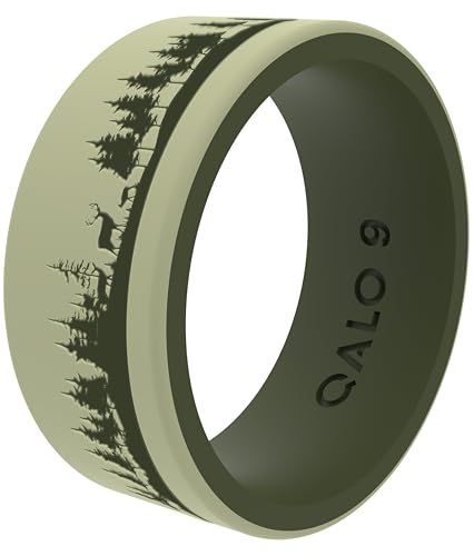 QALO Mens Rubber Ring 9mm Wide x 1.85mm Thick Skin-Friendly Flexible All-Day Wearable Silicone Wedding Band for Active Lifestyles Comfortable Durable Fit Green Deer Size 11