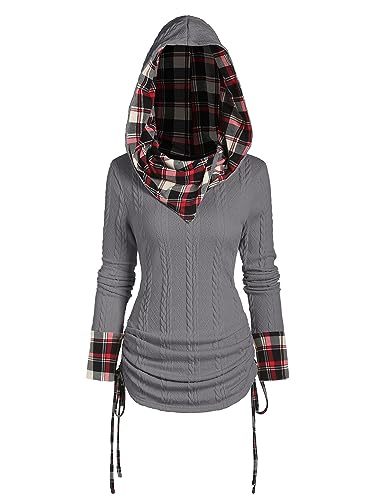 Image of ZEZCLO Women's Twisted Cable Knit Plaid Print Hooded Sweater Mock Button Ruched Shawl Neck Knit Top