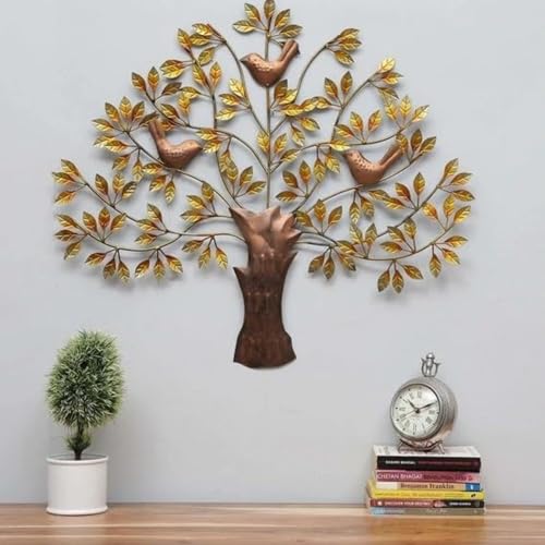 Image of Bharat Art Metal Iron 3 Bird Tree Golden Decorative Wall Art /Wall Sculpture for Home, Living Room, Bedroom, Hotels, Office, Cafe etc. - Multicolor (30 x 1 x 30 Inch)