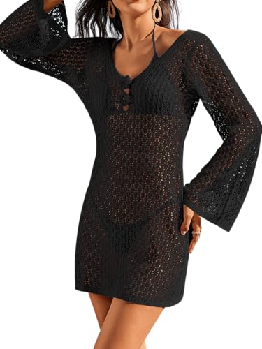 Eomenie Women's Crochet Swimsuit Cover Up Knit Long Sleeve Bathing Suit Coverups 2025 Summer Swimwear Beach Dress