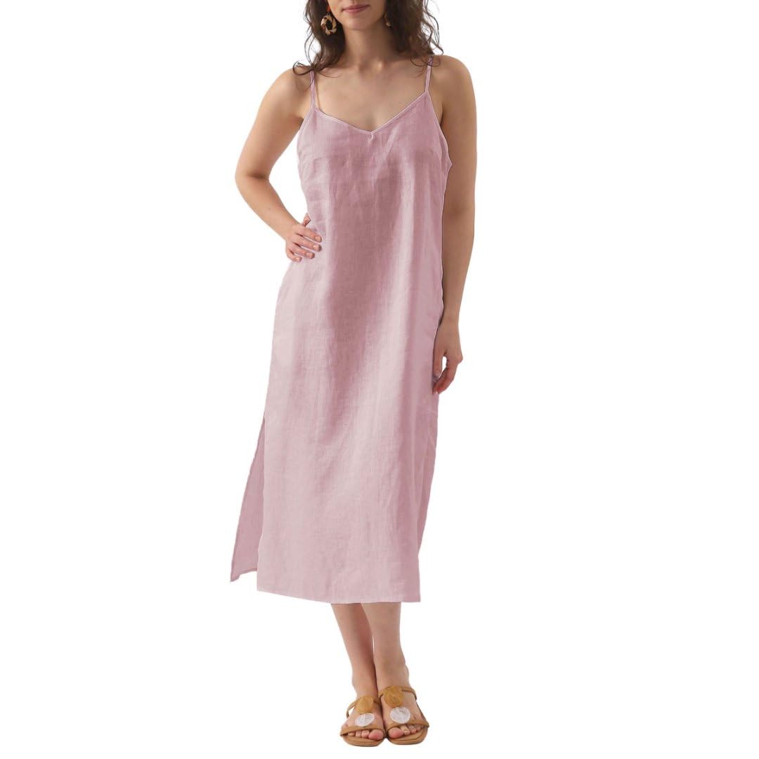 Amazhiyu Women's Pure Linen Summer Midi Split Slip Dress