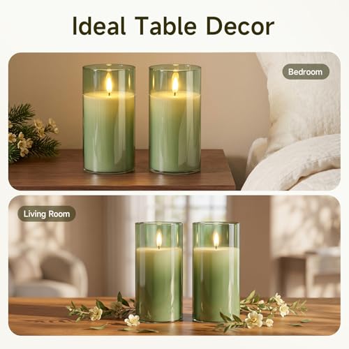 Image of Homemory Sage Green Glass Flameless Candles Battery Operated LED Pillar Candles with Remote and Timer, Real Wax Flickering Candles Home Decor, Wedding, Easter, Farmhouse, Table Centerpieces, Set of 2