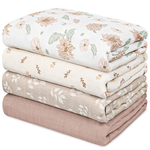 Image of GLLQUEN BABY Muslin Swaddle Blankets 4-Pack Breathable Receiving Blankets (35" x 40") Soft Baby Blankets for Girls and Boys Newborn Essentials Muslin Burp Cloths Swaddle Wrap Baby Gift(Sunflower)