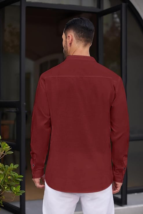 Royalscout Men's Solid Cotton Blend Straight Kurta Shirt | Regular Fit Full Sleeve Short Kurta Wine