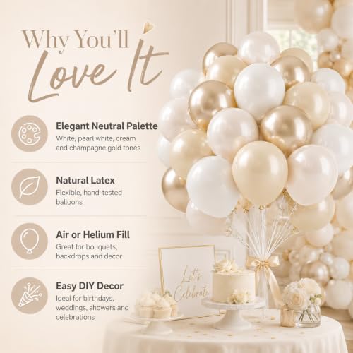 Image of Beige White Pearl Balloons, 50PCS Nude Metallic Champagne Gold Cream White Double Stuffed Balloon Neutral Ballons for Birthday Boho Wedding Anniversary Engagement Party Decoration