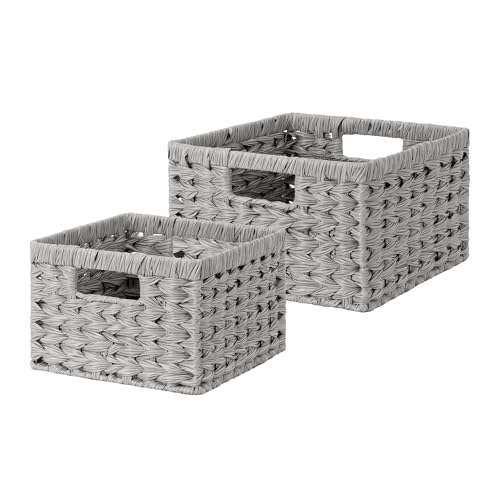 GRANNY SAYS Wicker Baskets for Organizing, Storage Basket for Shelves, Square Shelf Baskets with Handles, Waterproof Woven Basket for Living Room, Baskets for Entryway, Grey