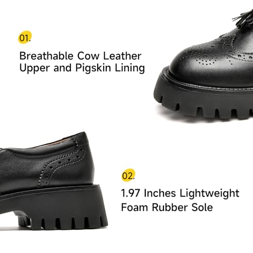 Image of BEAU TODAY Chunky Loafers for Women, Women's Leather Platform Loafers, Lug Sole Tassel Slip On Loafers Shoes Brogues Wingtip Casual Business Shoes Comfortable Dressy