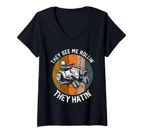 Mujer Funny Lawn Mower Gift They See Me Rollin' They Hatin' Garden Camiseta Cuello V