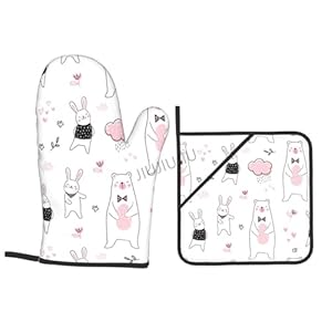 Oven Mitts and Pot Holders Set Bunny Bear Patterns Non-Slip Heat Resistant Oven Mitts and Potholder for Cooking Baking Grilling BBQ
