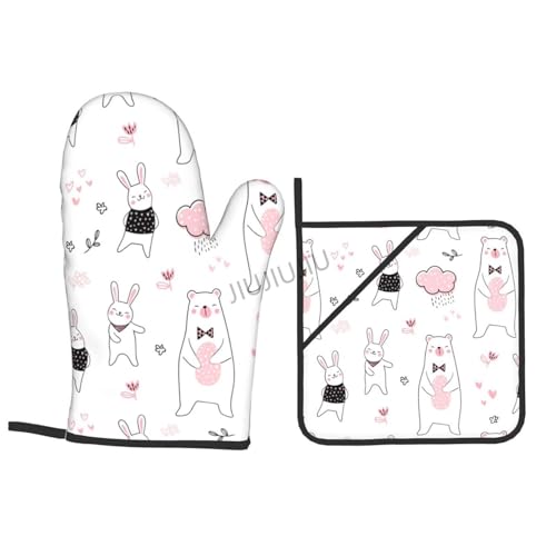 Oven Mitts and Pot Holders Set Bunny Bear Patterns Non-Slip Heat Resistant Oven Mitts and Potholder for Cooking Baking Grilling BBQ