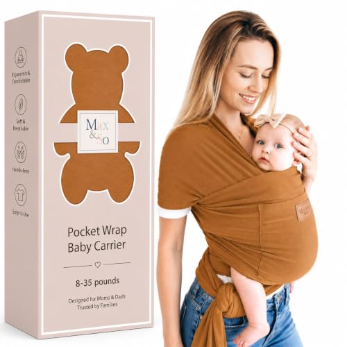 Baby Wrap Carrier - Breathable Cotton Newborn to Toddler Carrier 8-35 lb - Secure Postpartum Baby Holder with Front Pocket by Max&So (Brown)