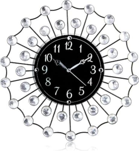 Image of CHRONIKLE Modern Floral Design Crystal Round Diamond Studded Analog Metal Wall Clock for Living Room Home Decor Office Gifts (Size: 36.5 x 5 x 36.5 CM | Color: Silver & Black | Weight: 870 Gram)