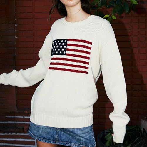 Image of Women's American Flag Sweater Vintage Star Print Long Sleeve Crew Neck Sweater Top 4th of July Knit Top