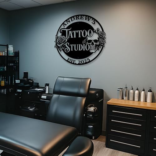 Custom Tattoo Studio Metal Sign – Personalized Neon-Inspired Wall Decor with Name Text for Tattoo Shops, Studios, and Artists – Retro Laser Cut Black Steel Wall Art for Parlors and Ink Rooms (T3)