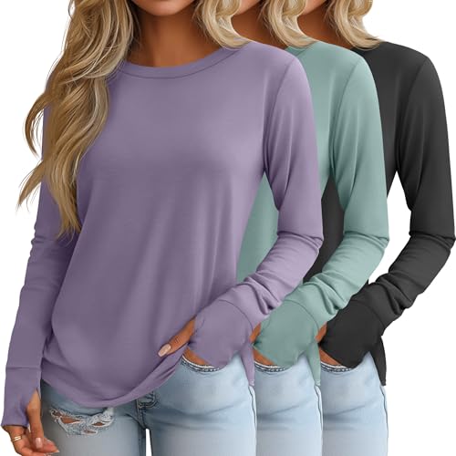 Huukeay 3 Pack Women's Long Sleeve Shirts with Thumb Holes, Cotton Casual Crew Neck Tunic Tops Fall Loose Y2k Trendy Outfits
