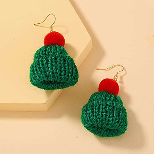 Christmas Hats Knitted Beanie Dangle Drop Earrings for Women Girls Lovely Knitted Santa Hat Dangling Hook Hoop Earring Studs Red Ball Cute Jewelry Gifts for Christmas Xmas Party BFF3
