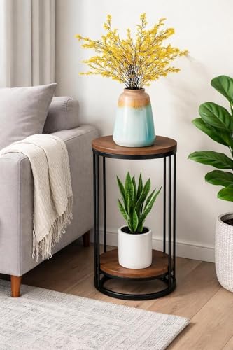 Image of Two-Tier End Tables: Contemporary Faux Marble Top Bedside Table End Table with Storage Shelf for Living Room and Home Side and Corner Table Sofa End Table (Black & Brown)