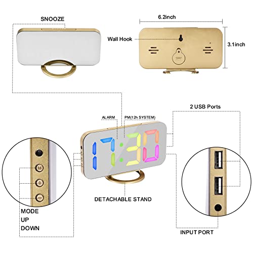 Szelam Alarm Clock For Bedroom,6.5 In Digital Clocks Large Display,With 2 Usb Charger Ports,3 Levels Brightness,Snooze,Modern Led Mirror Clock For Kid Teen Girl Room Decor - Gold #TOP4