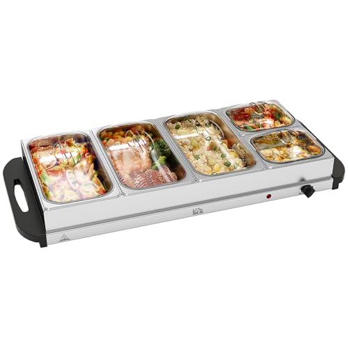 HOMCOM 5 Tray Electric Food Warmer Buffet Server with Warming Plate Cool Touch Handles Adjustable Temperature 300W 3 x 2.4L and 2 x 1L Pans
