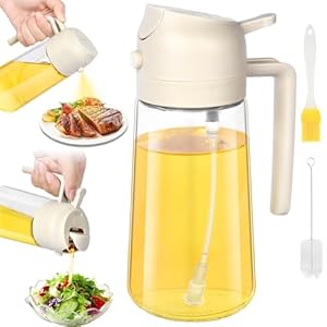 OFFCUP Olieverstuiver, 470 ml 2-in-1 oliedispenser met 2 borstels, olijfolie-spuitfles van glas van voedingskwaliteit, voor koken, keuken, koken, salade, broodbakken, BBQ, Airfryer (1 st.)