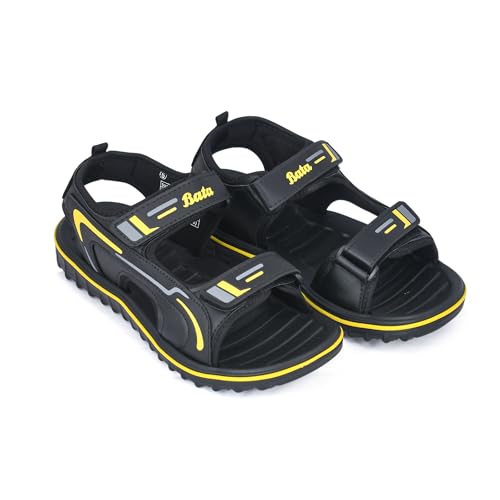Image of Bata Men's Sports Sandals, Dual Velcro Strap, Textured Sole (BLACK /YELLOW, UK Footwear Size System, Adult, Men, Numeric, Medium, 8)