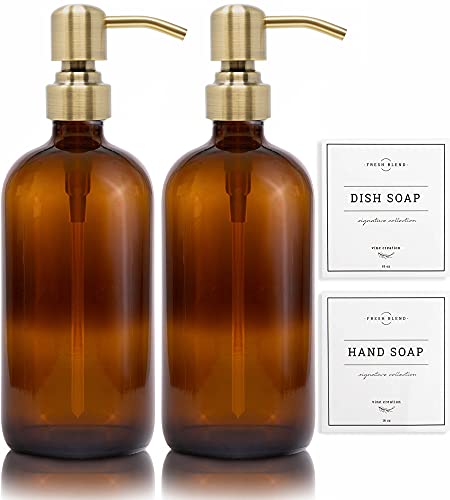 Vine Creations Amber Glass Soap Dispenser, 2 Pack Kitchen Soap Dispenser Set including Stainless Steel Pump