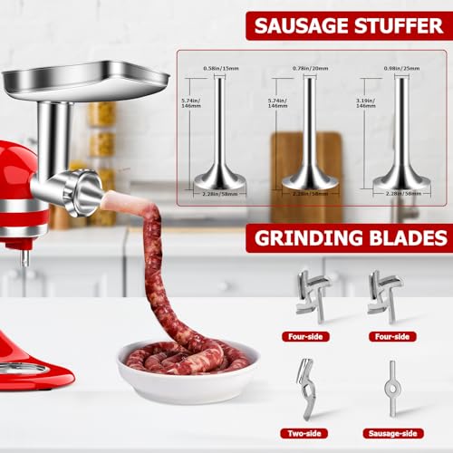 Stainless Steel Meat Grinder Attachments for KitchenAid Stand Mixers Accessories, Food Meat Grinder, 3 Sausage Stuffer, 4 Grinding Blades, 4 Grinding Plates, Burger Press, Meatball Maker - Thumbnail 2
